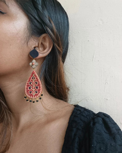 Block Printed Hanging Red Earrings