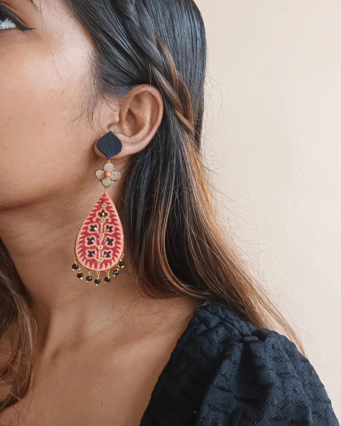 Block Printed Hanging Red Earrings