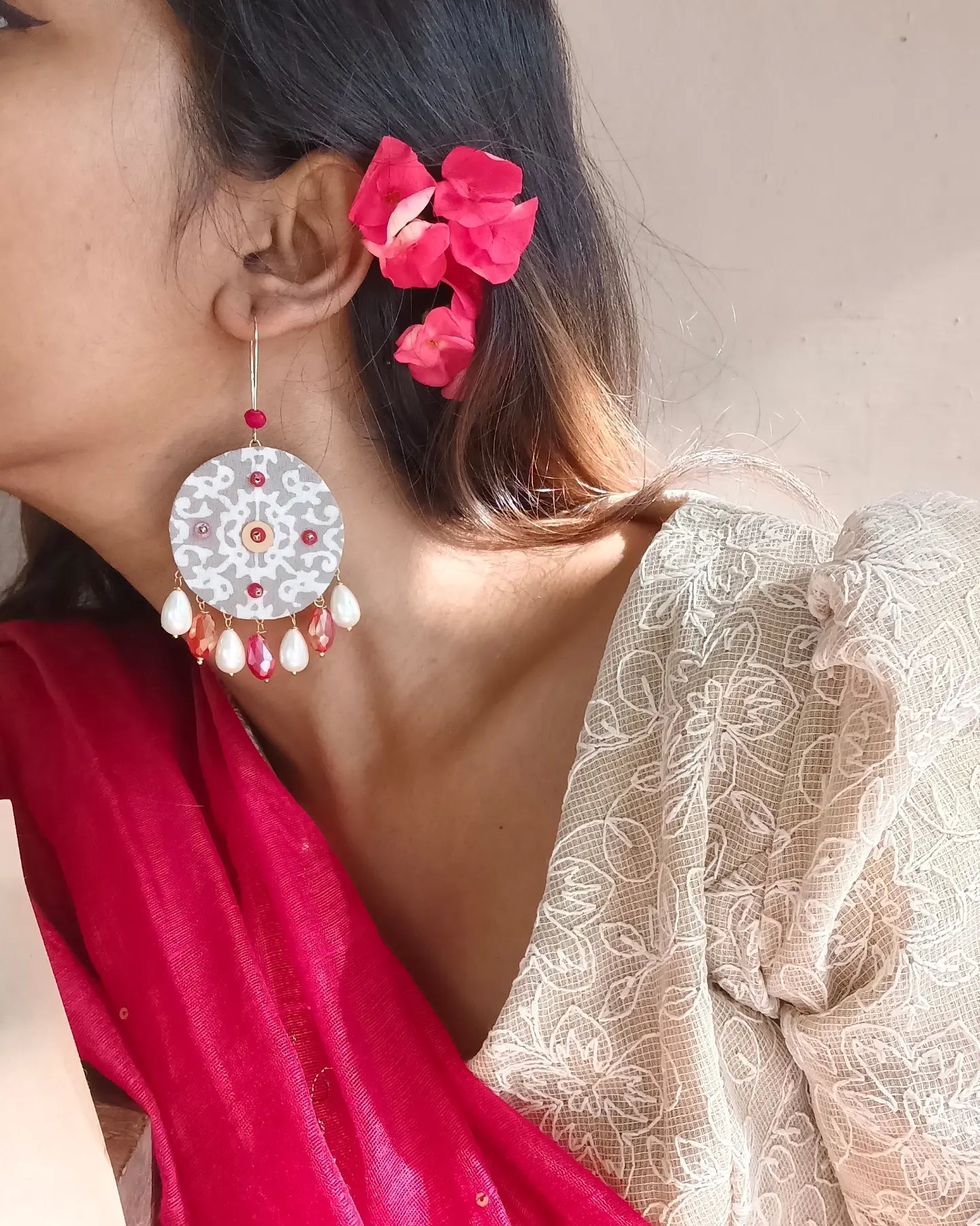 Printed Red and White Earrings